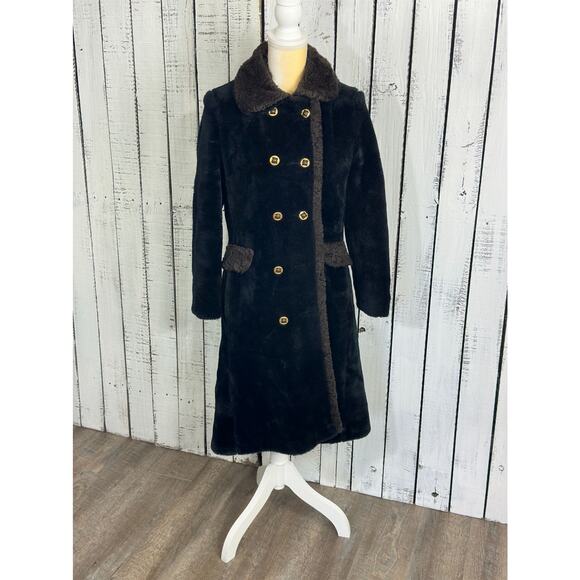 Vintage 70s Fingerhut Fashions Faux Fur Penny Lane Coat Black Double Breasted - Picture 16 of 16